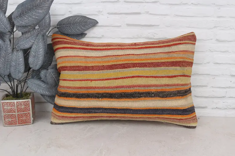 Accent Pillow Case, Vintage Kilim Throw Pillow, Handmade Kilim Cushion, 16x24 Yellow Cushion Cover, Throw Kilim Pillow, Cushion Case - 1