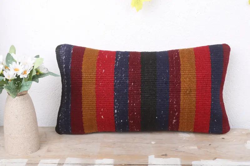 Kilim Pillow, Living Room Throw Cushion, Floor Pillow Sham, Cushion Case, Pillow for Sofa, 8x16 Blue Cushion Cover, Handmade Kilim Cushion - 2