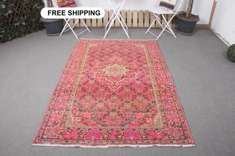 エレガントなピンク&ブルーラグ、132x200cmボーダーデザイン