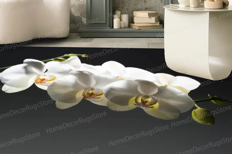 白い蘭をあしらったエレガントなプリントラグ - モダンなホームデコレーション