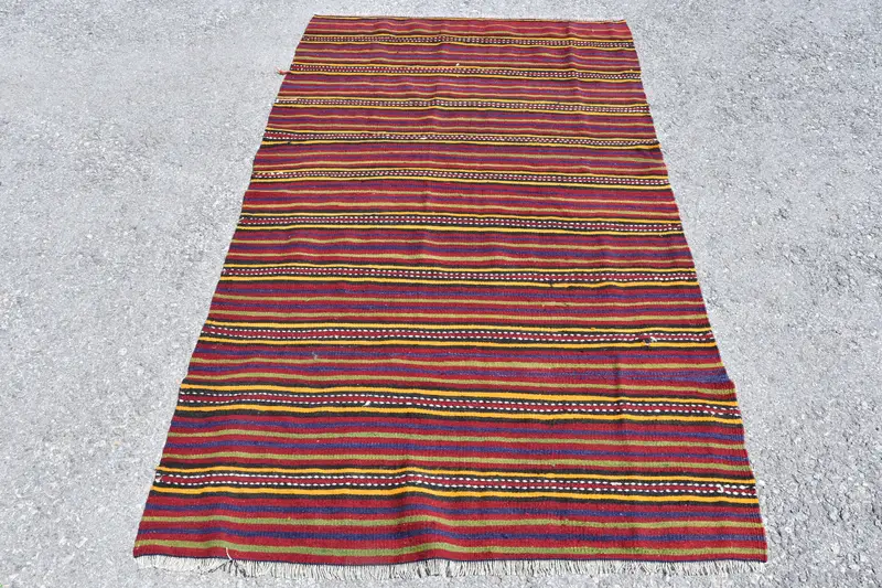3.8x6.5 ft Rug, Turkish Vintage Rug, Red Kilim Wool Rug - 1
