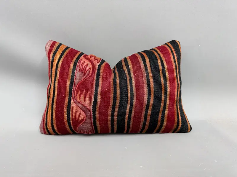 Turkish Kilim Pillow, 12x20 Red Pillow, Pillow, Vintage Pillow, One Of A Kind Pillow Case, Kilim Cushion Sham, Crochet Pattern Pillow Sham - 1