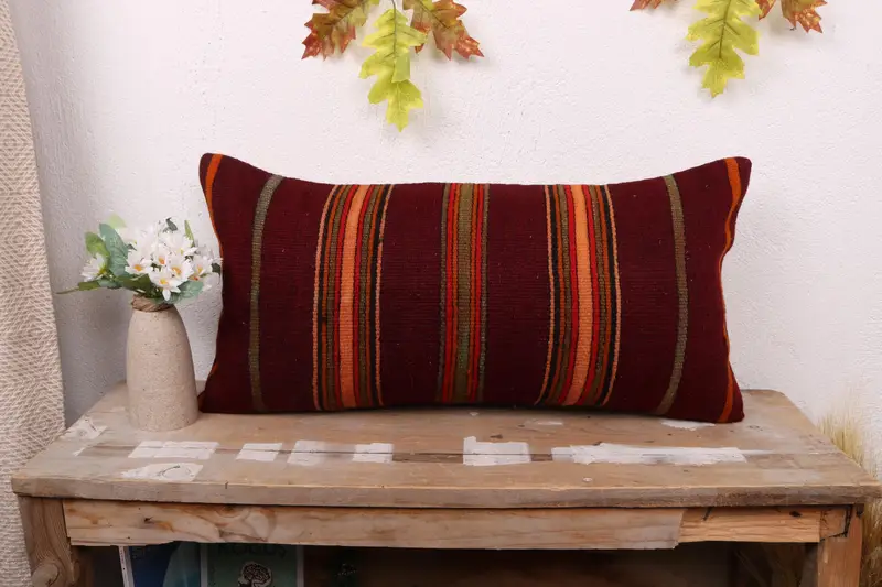 12x24 Red Pillow Sham, Cushion, Kilim Pillow Cover, Vintage Kilim Throw Pillow, Turkish Pillow, Retro Throw Pillow, Neutral Pillow Case - 1