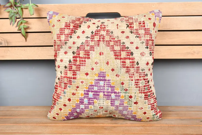 Chair Pillow, Turkish Kilim Pillow, Boho Throw Cushion, 18x18 Red Pillow Cover, Cushion, Kilim Pillow, Pattern Throw Pillow Sham, Pillow for Sofa - 6