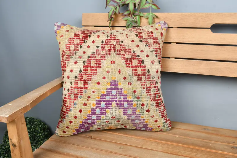Chair Pillow, Turkish Kilim Pillow, Boho Throw Cushion, 18x18 Red Pillow Cover, Cushion, Kilim Pillow, Pattern Throw Pillow Sham, Pillow for Sofa - 1
