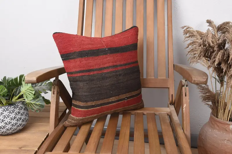 Throw Kilim Pillow, Boho Pillow, Pillow Case, Pillow for Sofa, Ethnic Cushion Case, 16x16 Red Pillow Case, Chair Cushion Cover - 1