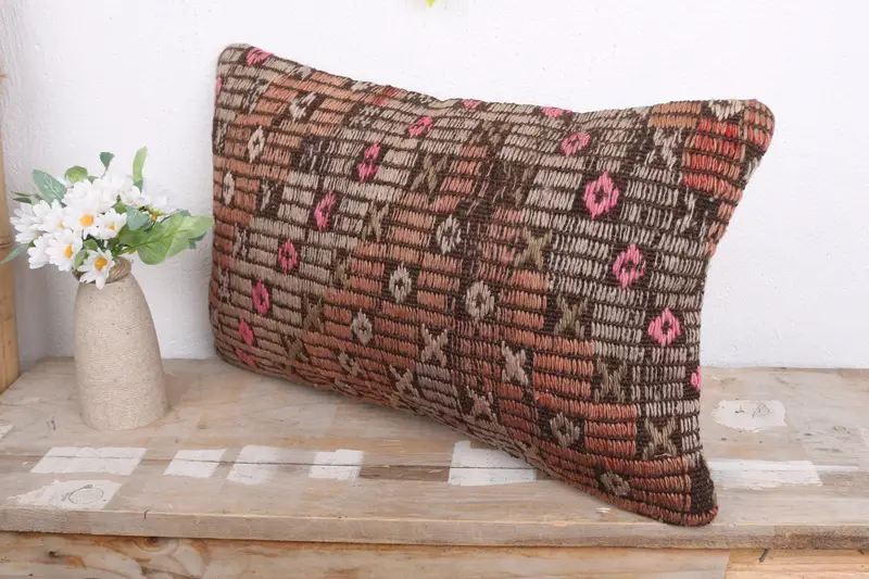 Knitted Cushion, Throw Kilim Pillow, Boho Pillow Sham Cover, Pillow for Couch, Outdoor Throw Cushion, 12x20 Red Cushion Case, Pillow Cover - 4