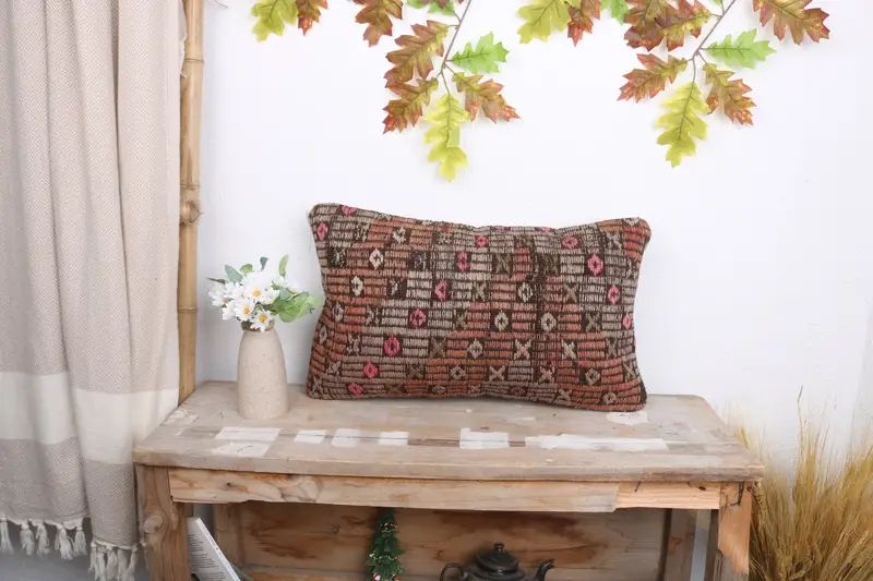 Knitted Cushion, Throw Kilim Pillow, Boho Pillow Sham Cover, Pillow for Couch, Outdoor Throw Cushion, 12x20 Red Cushion Case, Pillow Cover - 1