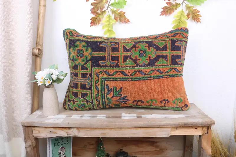 Orange & Bronze Blumen Leinen Wurfkissen, 16x24 handgemachtes Kissen