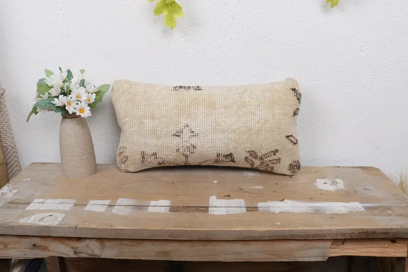Pillow Cover, Gift Pillow, 8x16 Beige Pillow Case, Turkish Pillow, Sofa Bolster Cushion, Home Decor Pillow, Handwoven Pillow Cover - 1