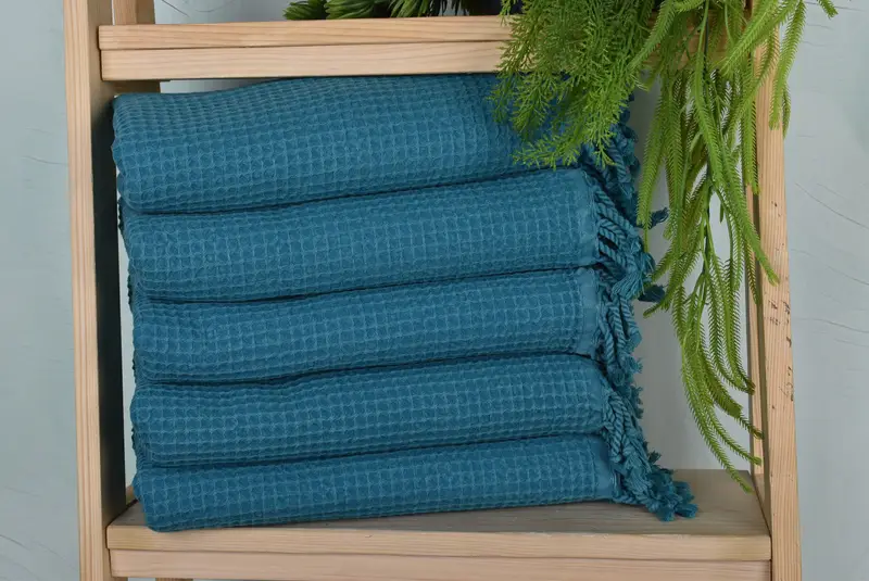Custom Beach Towel Organic Cotton Waffle, Petrol Blue, 36x67 Inches
