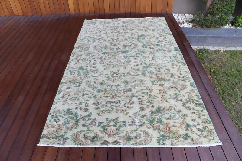 4.5x7.9 ft Turkish Rug, Vintage Area Rug, Green White Plants & trees Rug - 1