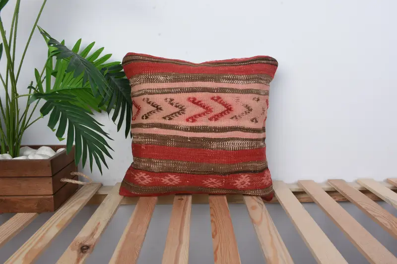 16x16 Red Pillow, Cushion, Vintage Kilim Pillow, Interior Designer Pillow, Turkish Rugs Cushion Case, Home Decor Pillow, Bench Pillow Cover - 1