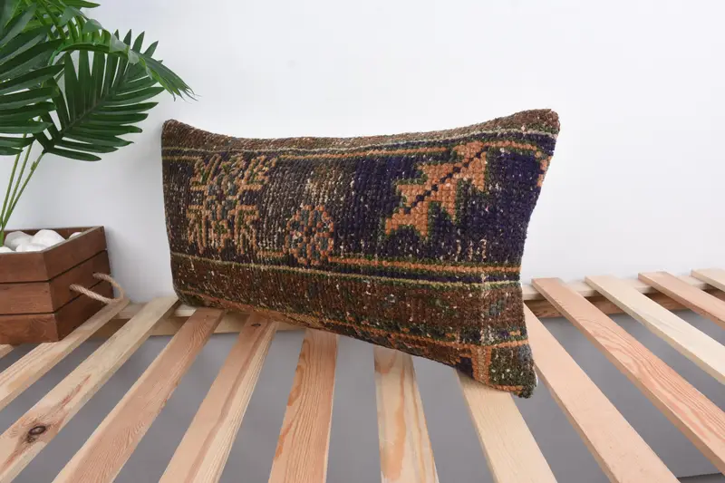 Pillow Case, Antique Pillows, Vintage Pillow, Decorative Bolster Pillow Cover, Comfy Throw Cushion, Turkish Kilim Pillow, 12x24 Brown Pillow Case - 5