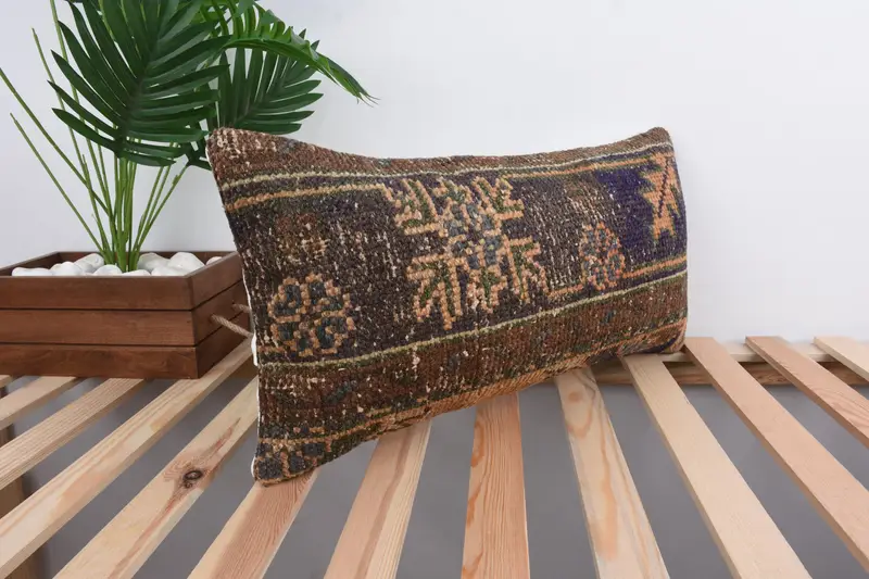 Pillow Case, Antique Pillows, Vintage Pillow, Decorative Bolster Pillow Cover, Comfy Throw Cushion, Turkish Kilim Pillow, 12x24 Brown Pillow Case - 4