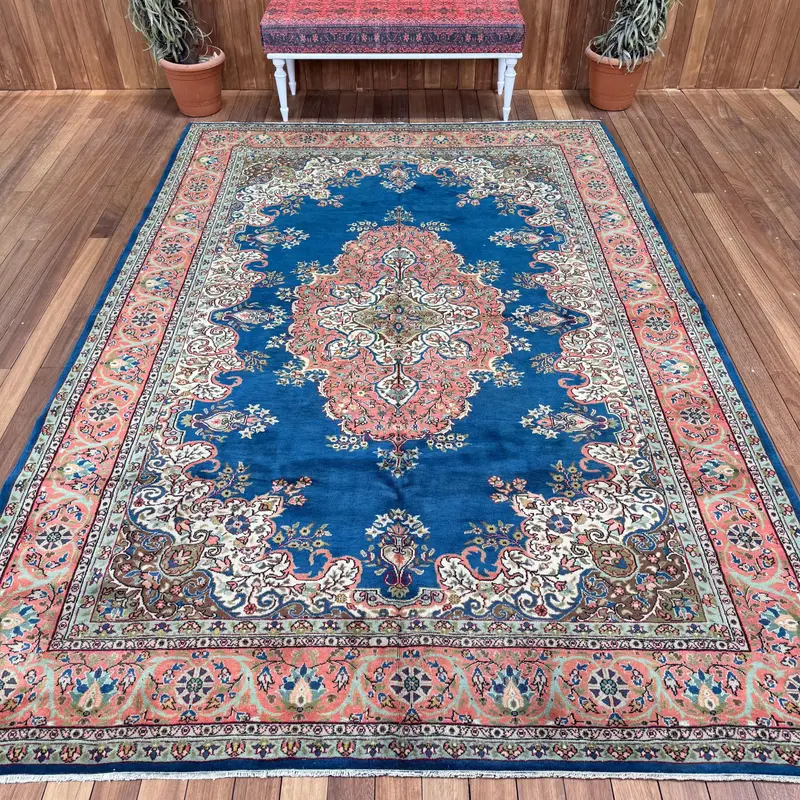 6.8x10.2 ft Large Turkish Vintage Rug, Blue Patchwork Wool Rug - 1