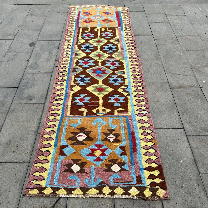 Zarif Kahverengi ve Mavi Halı, 3,1x9,9 ft Oryantal Tasarım