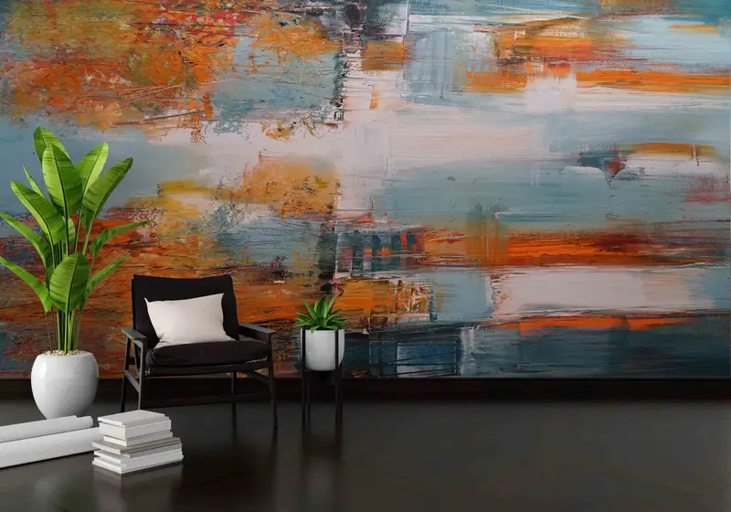 Papel pintado con paisaje otoñal impreso: árboles abstractos contemporáneos y colores otoñales