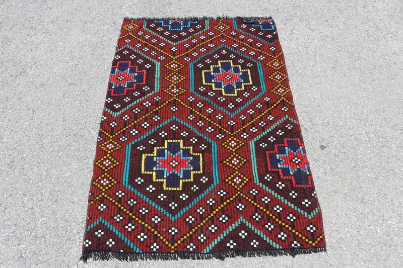 3x4.6 ft Turkish Rug, Vintage Small Rug, Red Blue Floral Wool Rug - 1