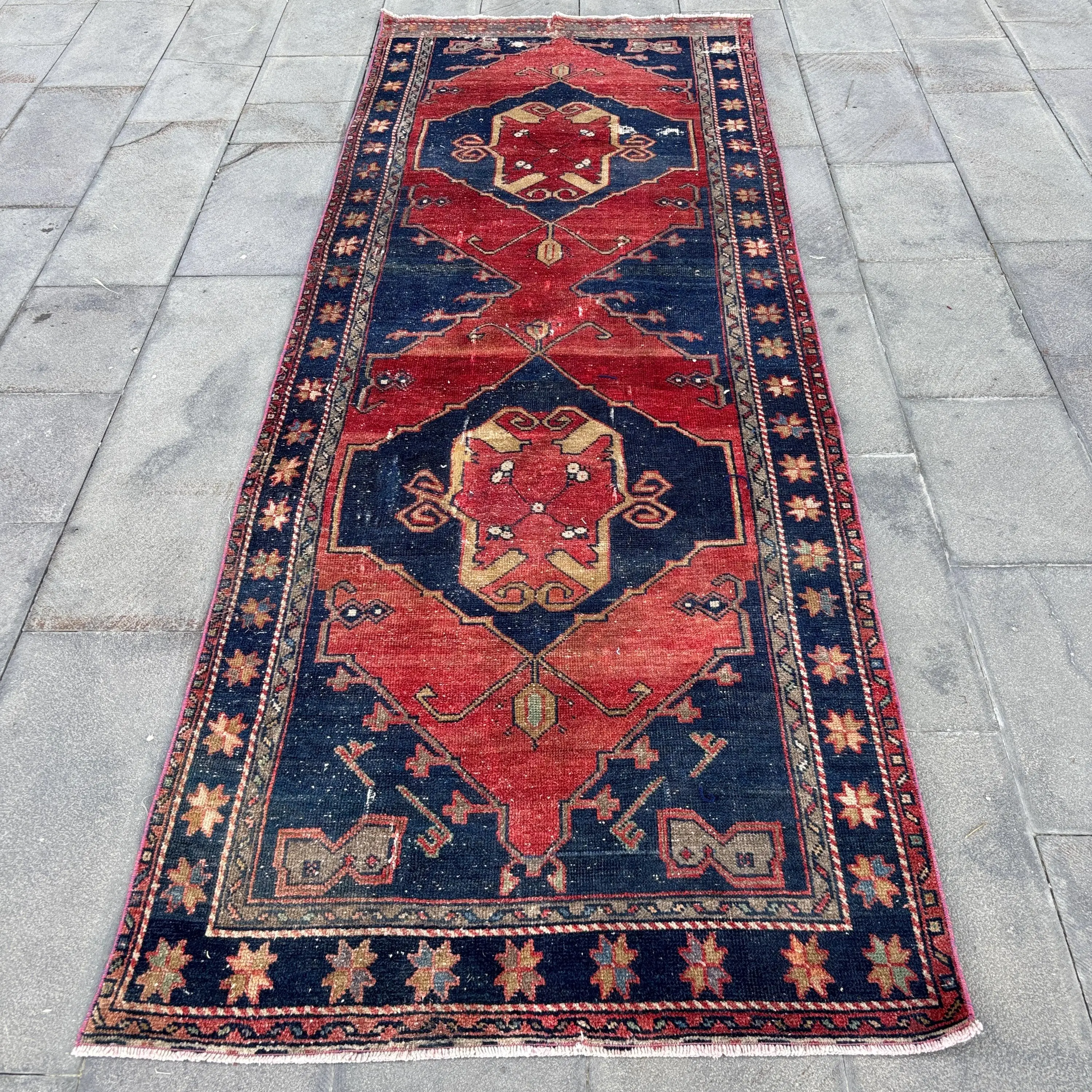 Vintage Turkish Runner Rug 3.5x9.6 ft, Red Camouflage Rug Wool - 1