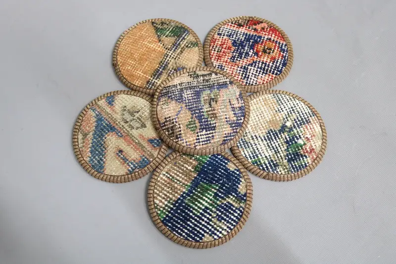 ブルーとオレンジのキリムコースター、耐久性のあるウールのドリンクコースター