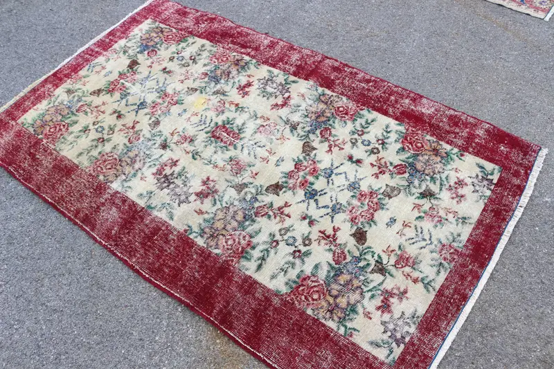 3.7x6.1 ft Türk Vintage Halı, Accent Halı, Kırmızı Oushak Soyut Halı - 1