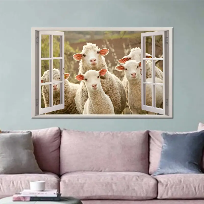 海岸の羊の窓の風景キャンバスプリント - 農家の装飾