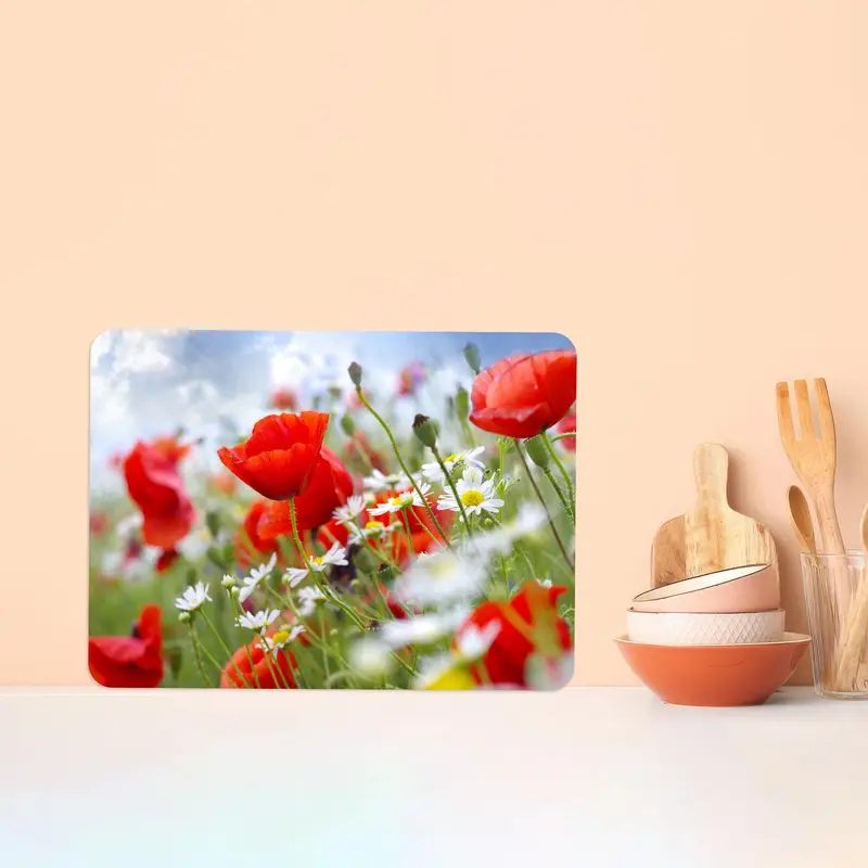 Daisy-Printed Glass Cutting Board, Tempered, Anti-Slip Feet