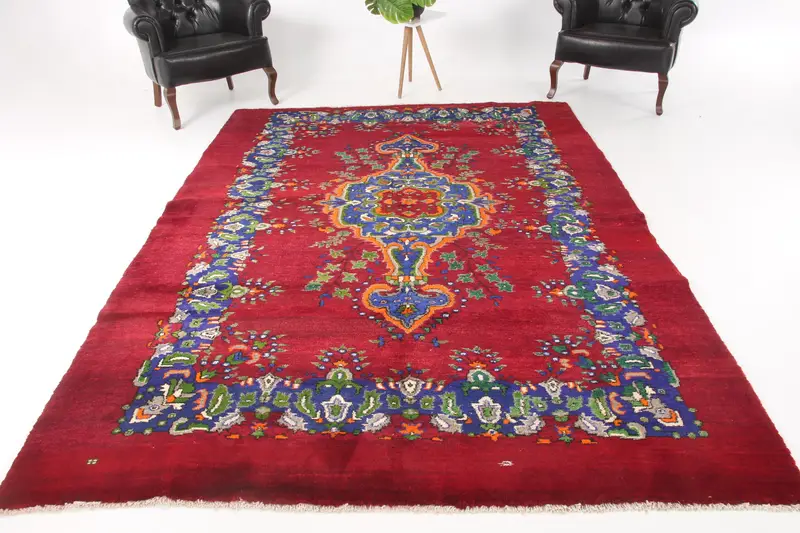 6.9x9.9 ft Vintage Rug, Turkish Large Rug, Red Ikat Wool Rug - 1
