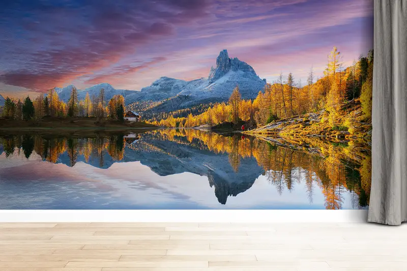 Baskılı Duvar Kağıdı: Dolomites Gün Batımı, Sonbahar Orman Gölü Manzarası