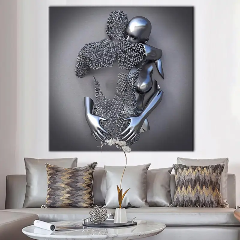 Elegant 3D Metallic Silver Couple Canvas Print for Lovers