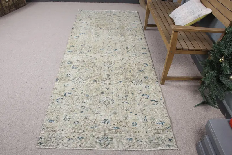 イエロー モロッコ ラグ、3.5x8.5 フィート ブルー アクセント