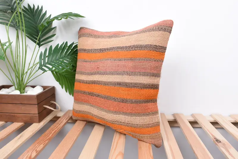18x18 Orange Pillow Sham, Home Decor Pillow, Vintage Kilim Throw Pillow, Boho Pillow, Pillow Cover, Shabby Chic Cushion Case, Ottoman Cushion Cover - 5
