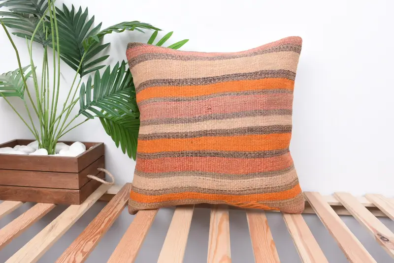 18x18 Orange Pillow Sham, Home Decor Pillow, Vintage Kilim Throw Pillow, Boho Pillow, Pillow Cover, Shabby Chic Cushion Case, Ottoman Cushion Cover - 1