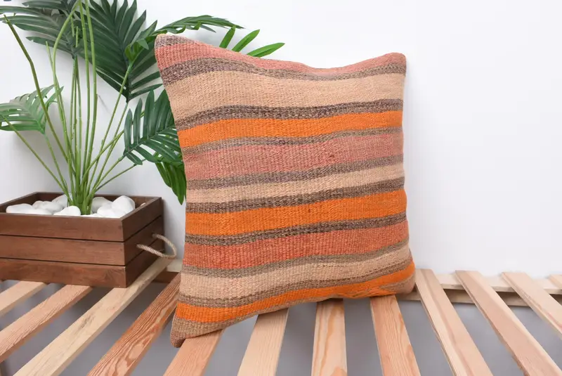 18x18 Orange Pillow Sham, Home Decor Pillow, Vintage Kilim Throw Pillow, Boho Pillow, Pillow Cover, Shabby Chic Cushion Case, Ottoman Cushion Cover - 4
