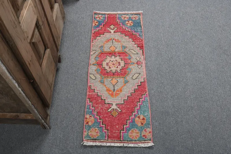 Vintage Small Rug 1.2x3.2 ft (37x96 cm), Oushak Red Moroccan Turkish Rug - 1