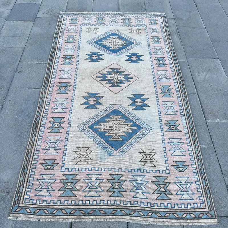 Pink and Blue Ikat Rug, 3.8x6.9 ft Chic Decor