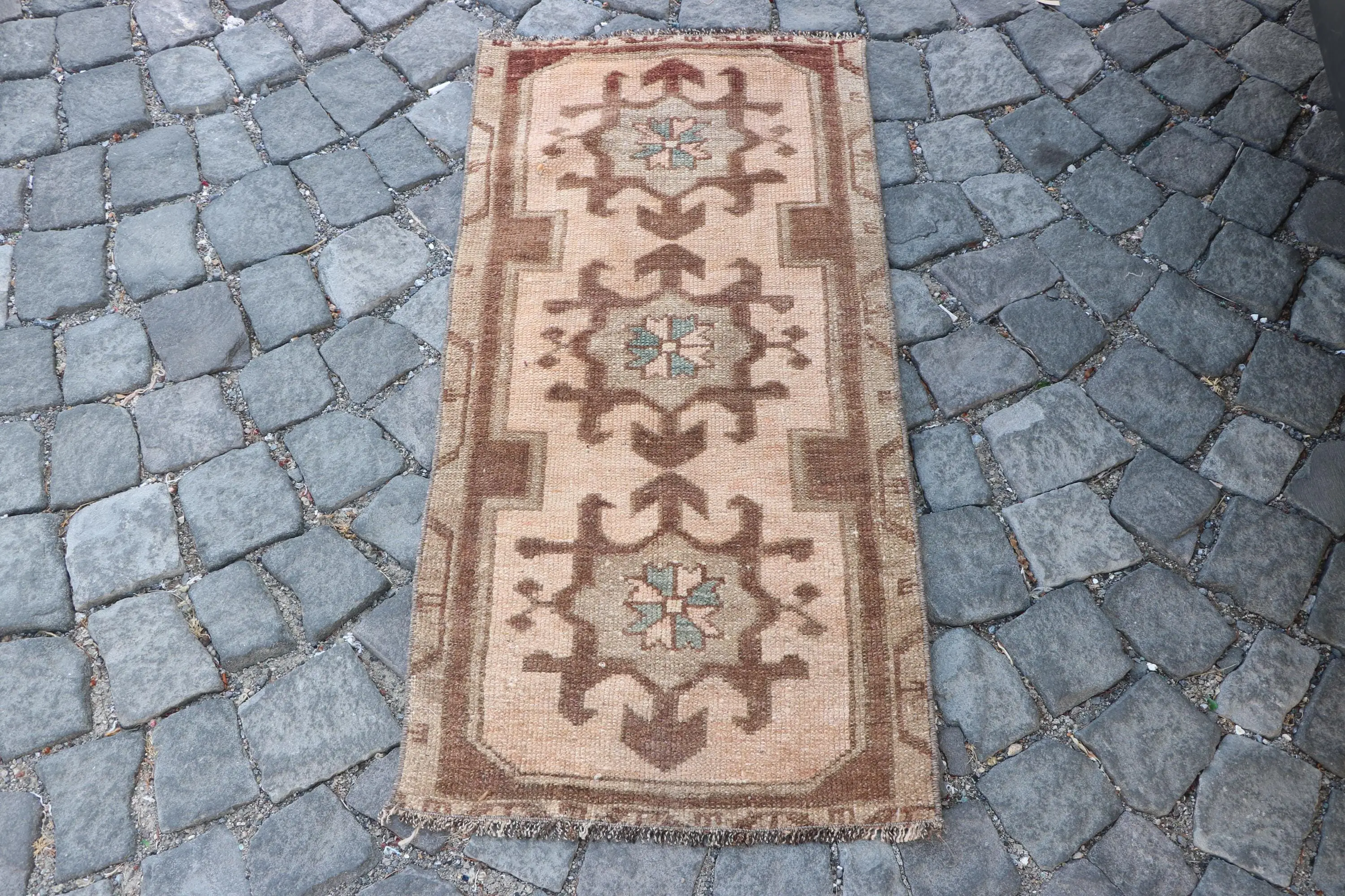1.6x3.3 ft Small Vintage Rug, Turkish Rug, Brown Blue Camouflage Wool Rug - 1