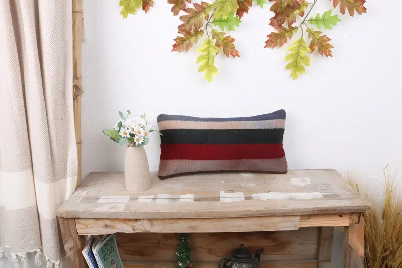 Vintage Kilim Pillow, Kilim Pillow Cover, Christmas Cushion, Aztec Pillow Cover, Pillow Case, 8x16 Red Pillow Case, Throw Kilim Pillow - 1