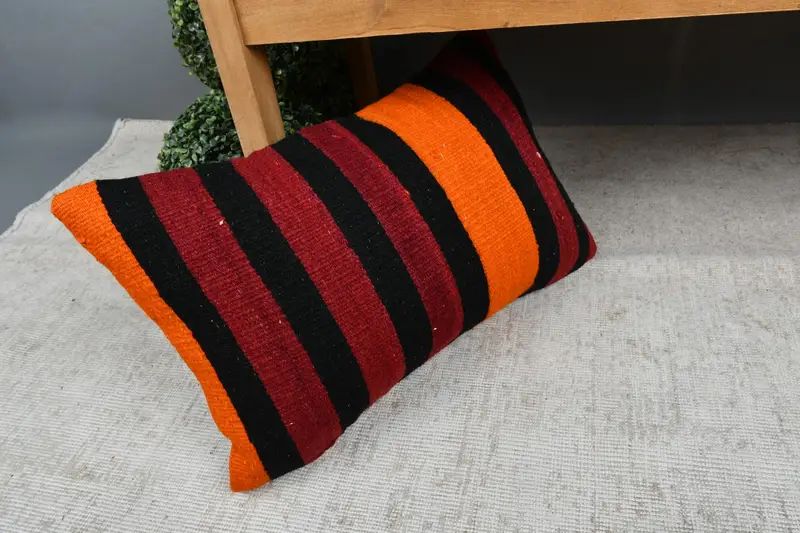 Vintage Kilim Throw Pillow, Turkish Pillow, 16x24 Red Pillow, Vintage Kilim Pillow, Turkish Corner Cushion Cover, Cushion Cover, Retro Pillow Sham - 7