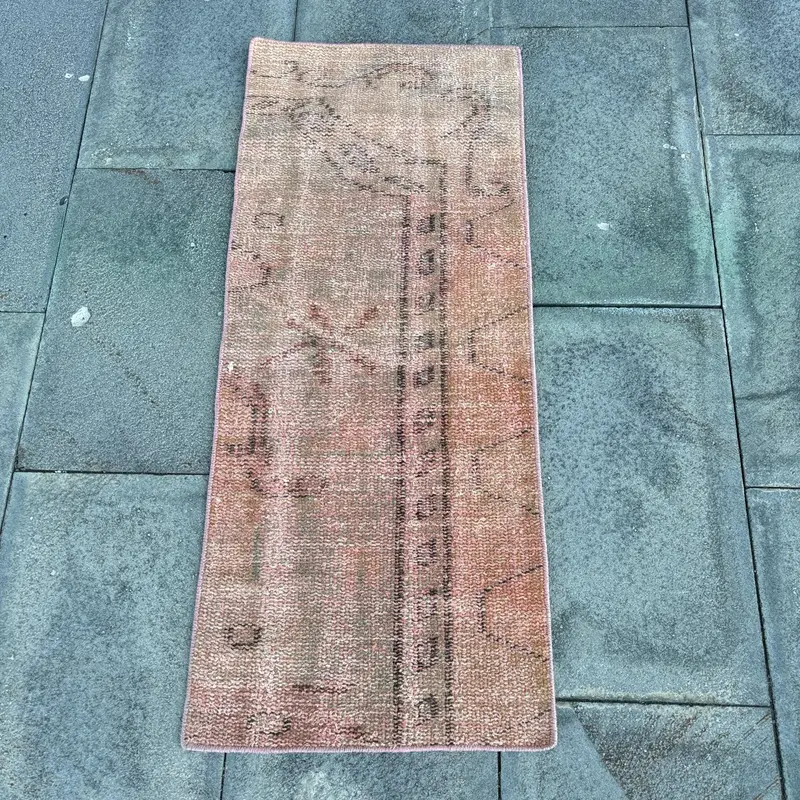 1.3x3.2 ft Halı, Küçük Vintage Halı, Pembe Oushak Soyut Halı - 1