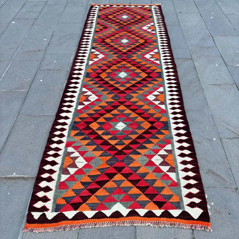 オレンジの抽象的なラグ、3.3x9.9フィートの鮮やかな装飾