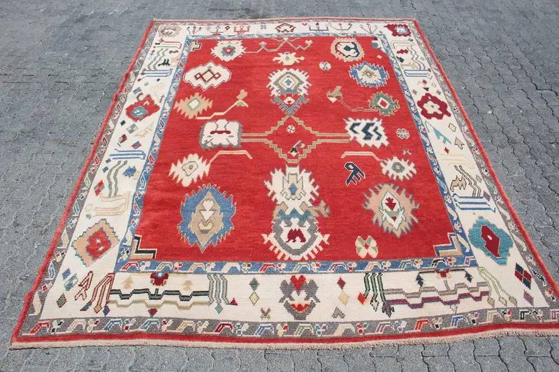 Oushak Halı, 8.2x10.7 ft Türk Halısı, Kırmızı Bordürlü Halı Yünü - 1