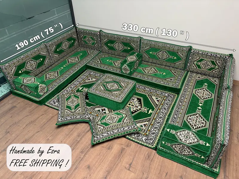 Southwestern Green & Black Ottoman Set, Kilim-Inspired Modular Seating