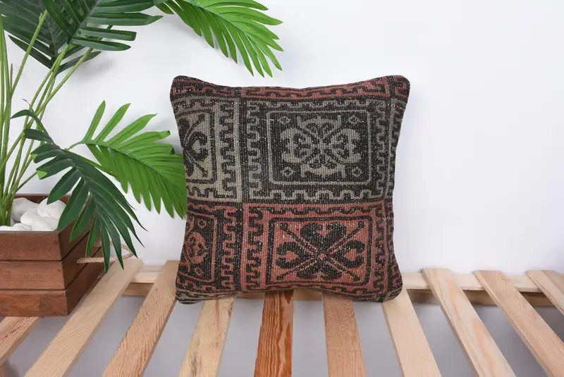 Kilim Cushion Sham, Authentic Pillow, Crochet Pattern Cushion Case, Antique Pillows, Ethnical Kilim Rug Pillow, Pillow Cover, 14x14 Brown Cushion - 1