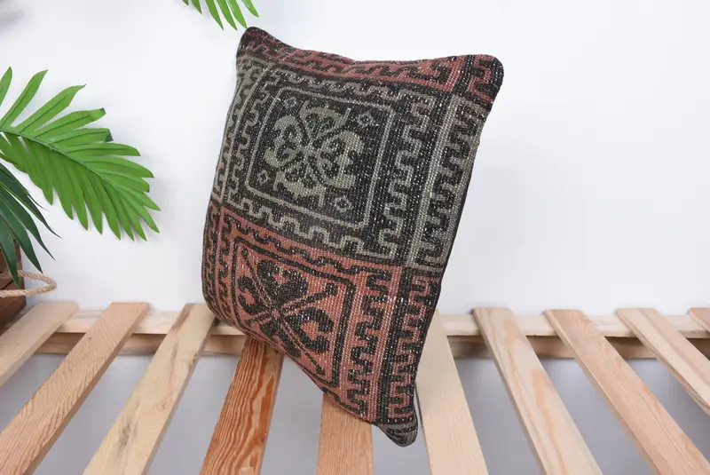 Kilim Cushion Sham, Authentic Pillow, Crochet Pattern Cushion Case, Antique Pillows, Ethnical Kilim Rug Pillow, Pillow Cover, 14x14 Brown Cushion - 5
