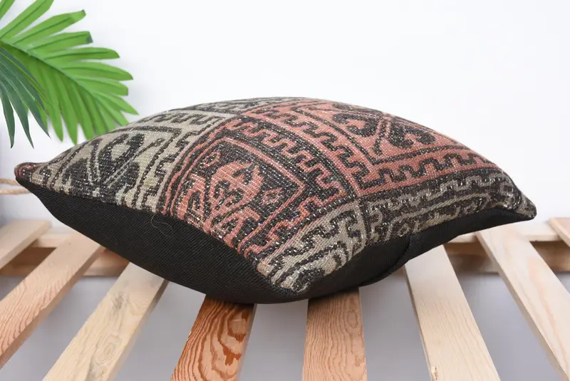 Kilim Cushion Sham, Authentic Pillow, Crochet Pattern Cushion Case, Antique Pillows, Ethnical Kilim Rug Pillow, Pillow Cover, 14x14 Brown Cushion - 6