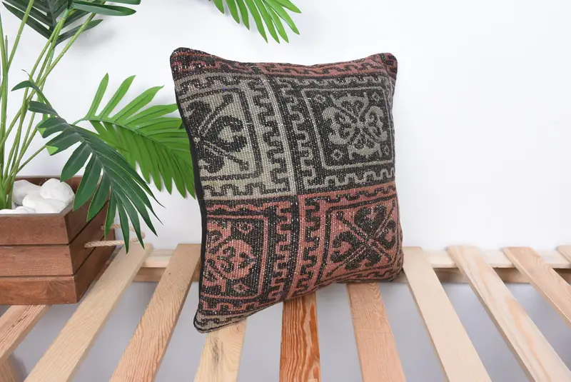 Kilim Cushion Sham, Authentic Pillow, Crochet Pattern Cushion Case, Antique Pillows, Ethnical Kilim Rug Pillow, Pillow Cover, 14x14 Brown Cushion - 4