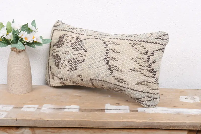 Gift Pillow, Pillow, Boho Throw Pillow Cover, Patio Pillow Sham, Antique Pillows, Handmade Kilim Cushion, 8x16 Beige Pillow Case, Oriental Cushion - 4