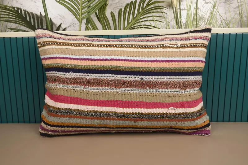 Vintage Striped Green Pillow, Rustic 16x24 inch Gift Cushion Cover - 1